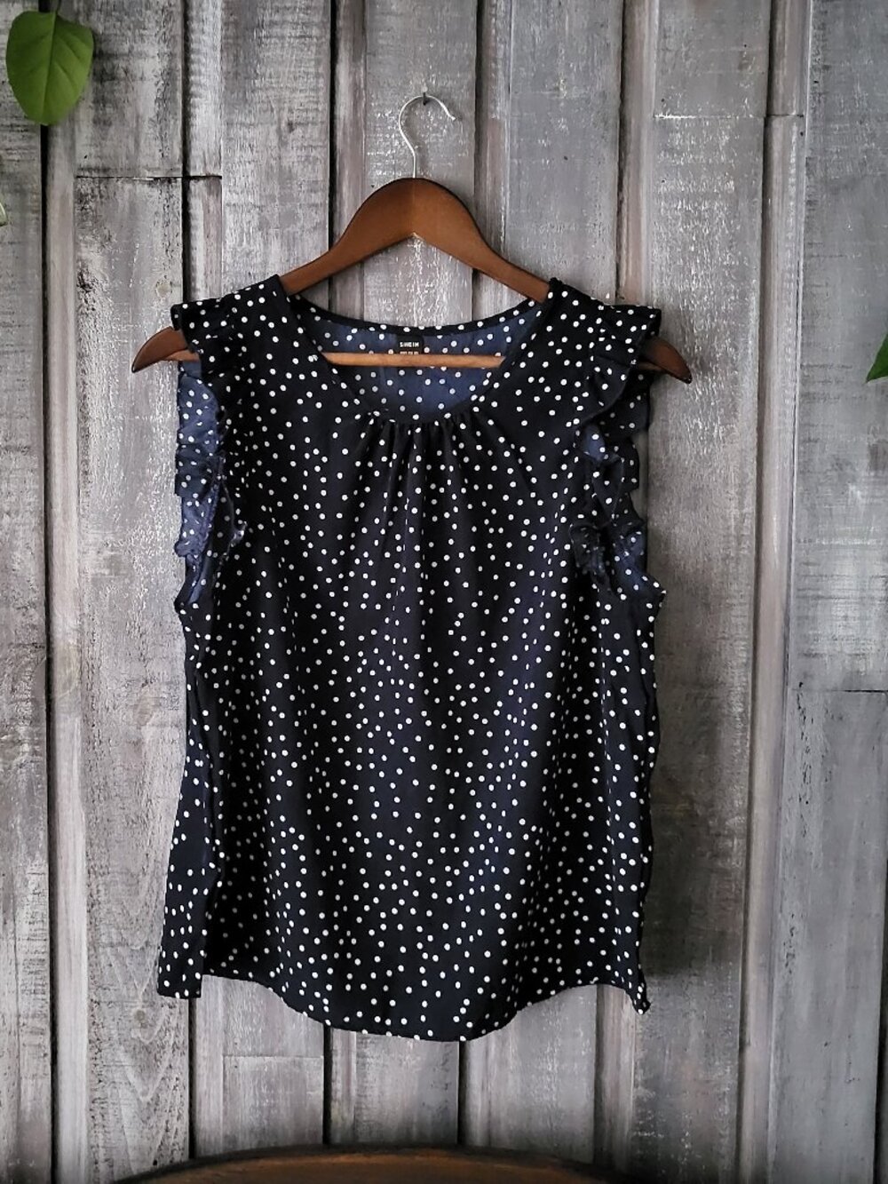 Navy Blue White Polka Dot Ruffle Sleeve Blouse Top Size Large